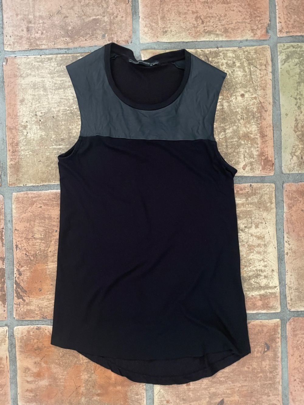 🔷 AllSaints Mabel Top Black Tank with Leather Yoke Size Small